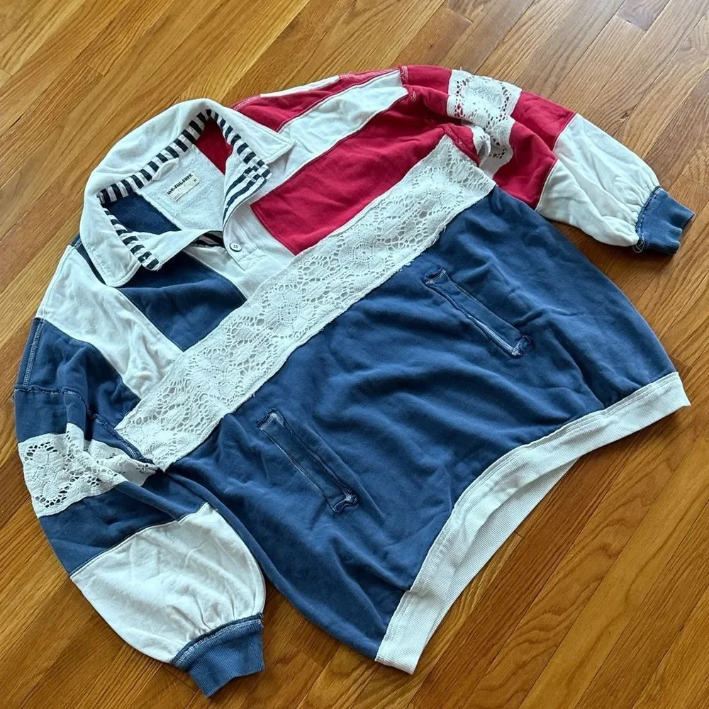 Free People We The Free American Dream Polo Pullover Top Striped